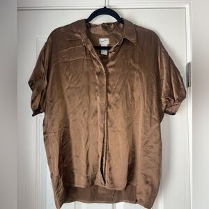 Jacqueline Ferrar 100% Silk Brown Blouse Button Front Collared Shirt Size 10